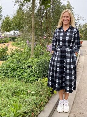 SAMANTHA SUNG Black and White Plaid Midi Shirt Dress